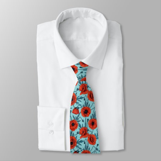 Papavers, rood en blauw op zwembad blauw stropdas (Gebonden)