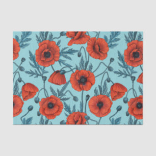 Papavers, rood en blauw op zwembad blauw tissuepapier
