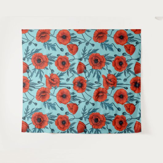 Papavers, rood en blauw op zwembad blauw wandkleed (Voorkant (horizontaal))