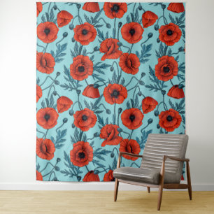 Papavers, rood en blauw op zwembad blauw wandkleed