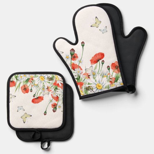 Papavers, wilde bloemen en vlinderbloemigen ovenwant & pannenlap set (Voorkant / Achterkant)