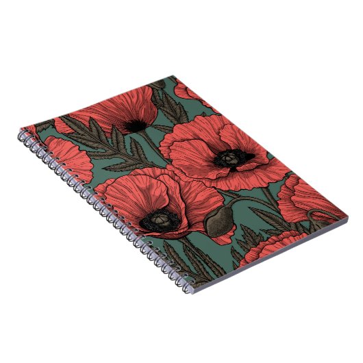 Papavertuin in koraal-, bruin- en pijngroen notitieboek (Rechterzijde)