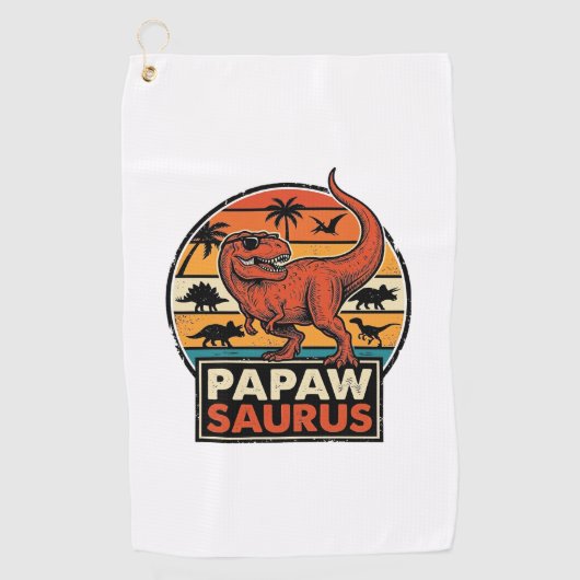 Papawsaurus Retro Dinosaur Zonsondergang Vector De Golfhanddoek (Voorkant)