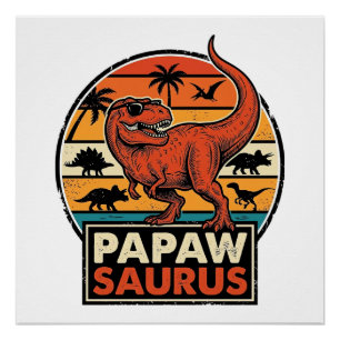 Papawsaurus Retro Dinosaurus Zonsondergang Vectoro Perfect Poster