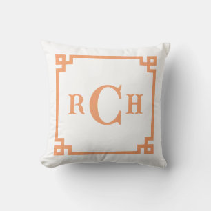 Papaya Oranje Chinoiserie Grieks Sleutel Monogram Kussen