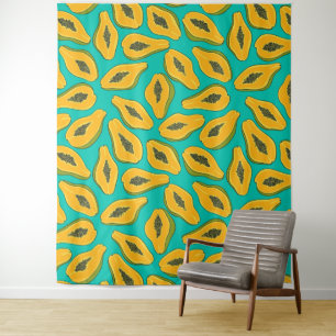 Papaya snijwonden op turquoise wandkleed
