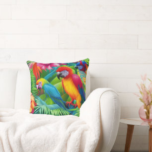 Papegaai 3 Vogels Tropisch Bloem palms blauw groen Kussen