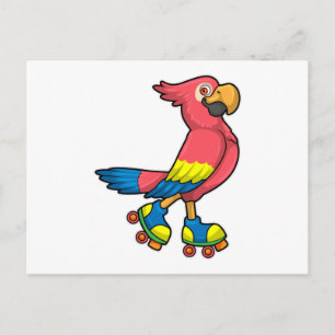Papegaai als skater met rollerschaatsen briefkaart