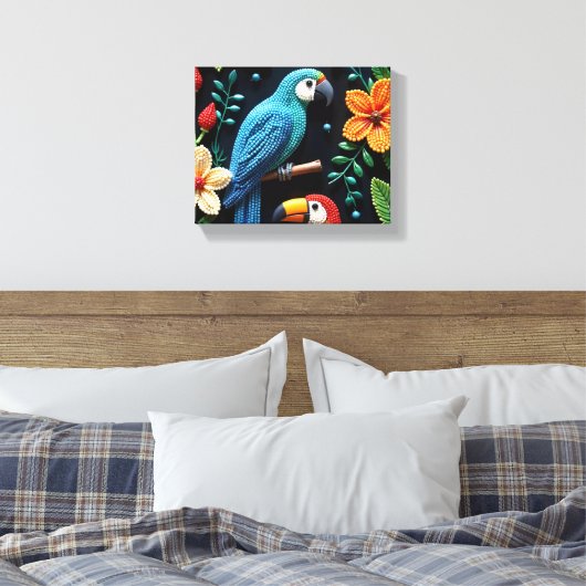 Papegaai en toekan in een bos met kralen canvas afdruk (Insitu (Slaapkamer))