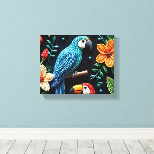 Papegaai en toekan in een bos met kralen canvas afdruk (Insitu (Houten vloer))