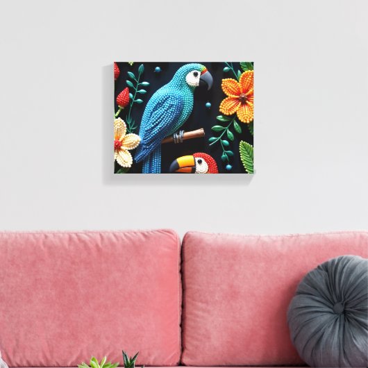 Papegaai en toekan in een bos met kralen canvas afdruk (Insitu (Woonkamer))