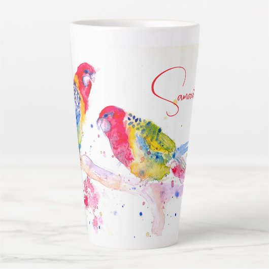 Papegaai kunst Aquarel Schilderij Rood Blauw Kleur Latte Mok (Voorkant)