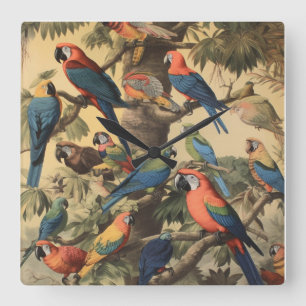 Papegaai Luifel Vintage Botanische Luxe Vierkante Klok