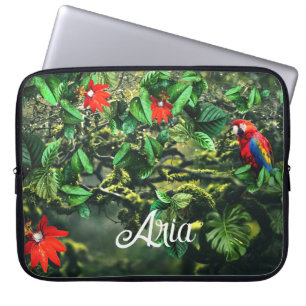 Papegaai scharlaken ara in oerwoud met bloemetjes laptop sleeve