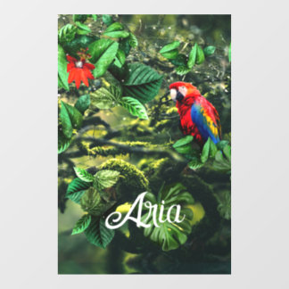 Papegaai scharlaken ara in oerwoud met bloemetjes raamsticker