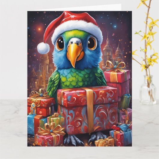 Papegaai te midden van kerstcadeaus kaart (Gele Bloem)