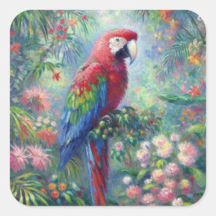 Papegaai Vogel Oerwoud Bloemen Impressionisme Schi Vierkante Sticker