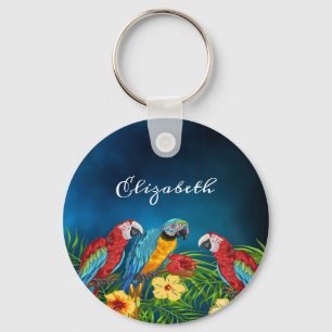 Papegaaien vogels blauwe lucht palmbladeren naam sleutelhanger