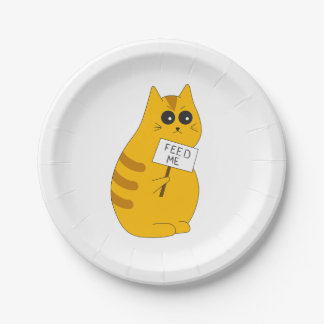 Papeieren borden "Voer me" met kat; Grappig tafelg Papieren Bordje