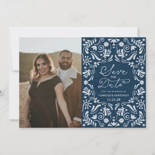 Papel bleu Picado Photo Enregistrer la date Carte (Devant)