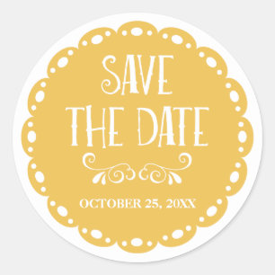 Papel Picado Bewaar de datum Geel Fiesta Wedding Ronde Sticker