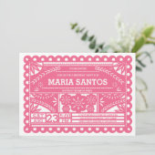 Papel Picado Birthday Party Invite - Roze Kaart (Staand voorkant)