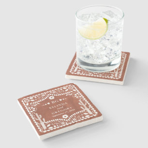 Papel Picado Boda Mexicaans Terracotta Bruin Bruil Stenen Onderzetter