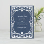 Papel Picado Boda Mexican Rustic Blue Wedding Save The Date (Staand voorkant)