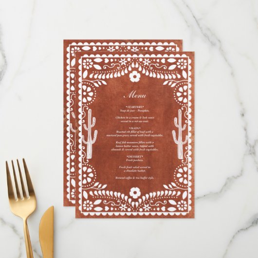 Papel Picado Boda Mexican Terracotta Brown Wedding Menu (Voorkant / Achterkant in situ)