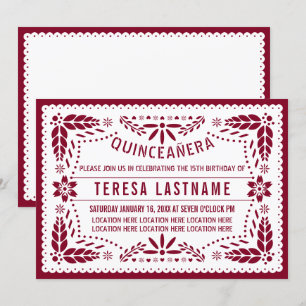 Papel picado bordeaux, wit Mexicaans Quinceañera Kaart