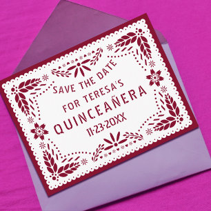Papel picado burgundy QUINCEAÑERA Save the Date Aankondigingskaart