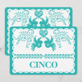 Papel Picado Cinco Numéro de Table Cinq Fête Aqua (Devant / Derrière)