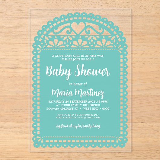 Papel Picado Geïnspireerd Roze Baby shower Acryl Uitnodigingen (Voorkant)