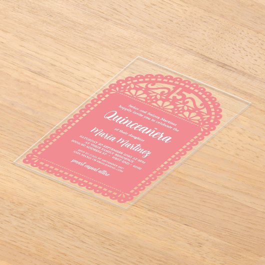 Papel Picado geïnspireerd roze Quinceanera Birthda Acryl Uitnodigingen (Laagn)