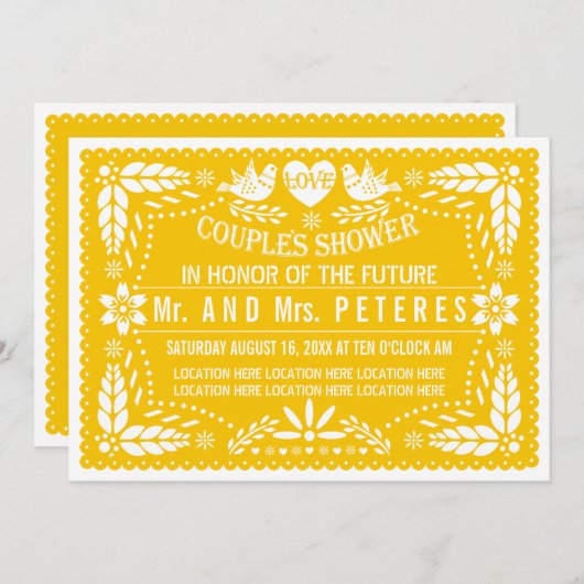 Papel picado gele trouwparen douchen kaart (Voorkant / Achterkant)