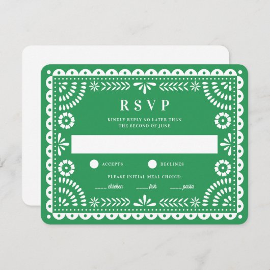 Papel Picado Green | Carte RSVP de réponse Mariage (Devant / Derrière)