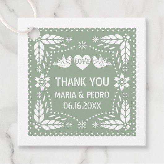 Papel picado houdt van vogels die een groene bruil bedankjes labels (Voorkant)