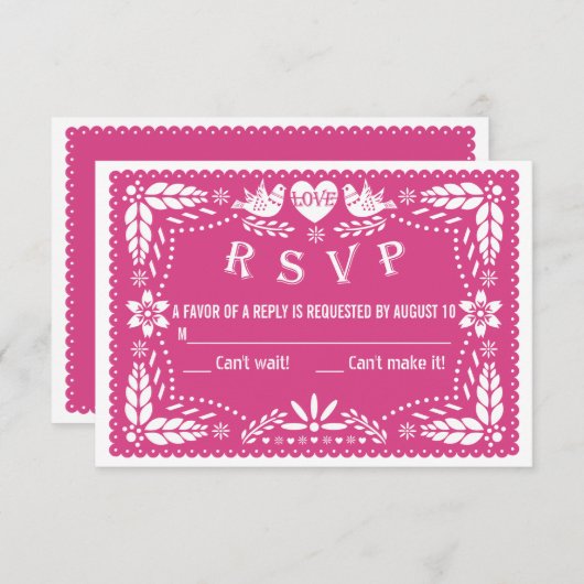 Papel picado inséparables mariage rose chaud RSVP (Devant / Derrière)