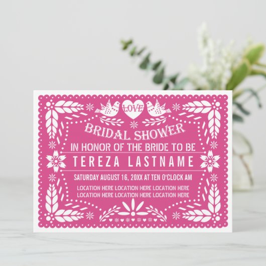 Papel picado liefdesvogels roze bruiloft trouwfees kaart (Staand voorkant)