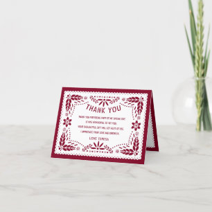 Papel picado Mexicaans bordeaux rood QUINCEAÑERA Bedankkaart
