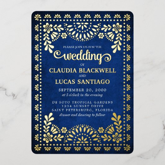 Papel Picado Navy Wedding Folie Uitnodiging (Voorkant)
