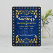 Papel Picado Navy Wedding Folie Uitnodiging (Staand Voorkant)