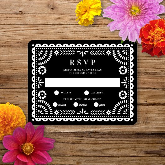 Papel Picado noir | Carte RSVP de réponse Mariage