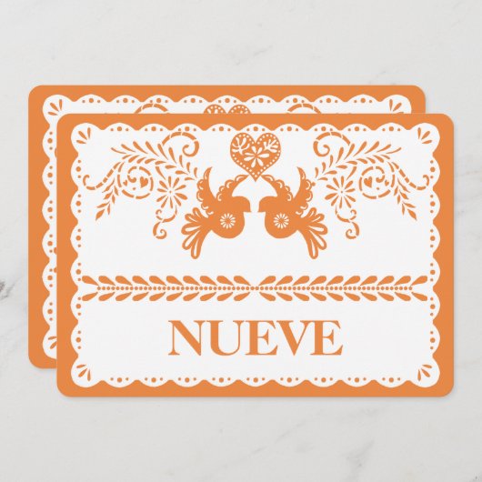 Papel Picado Nueve Neuf Numéro de table Orange Fie (Devant / Derrière)