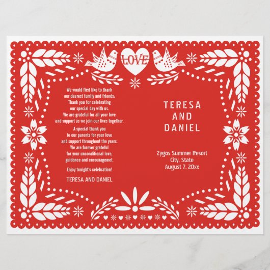 Papel Picado rouge mariage fiesta programme plié (Devant)