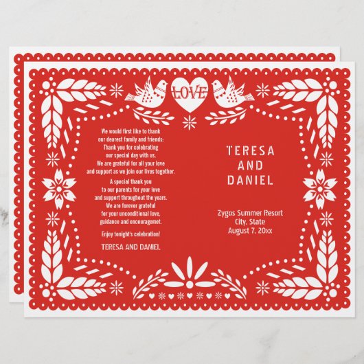 Papel Picado rouge mariage fiesta programme plié (Devant / Derrière)