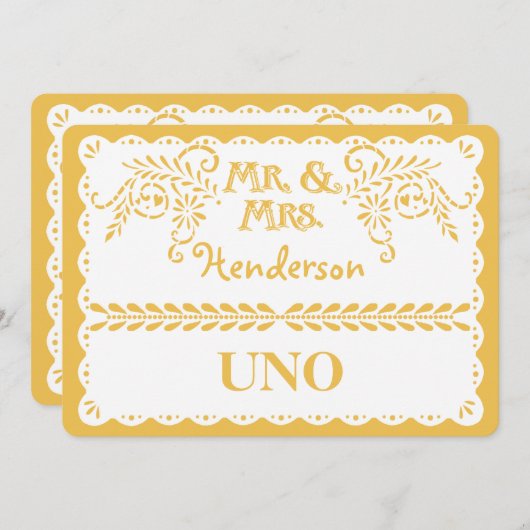 Papel Picado Table Number Gold Fiesta Weddenschap Kaart (Voorkant / Achterkant)