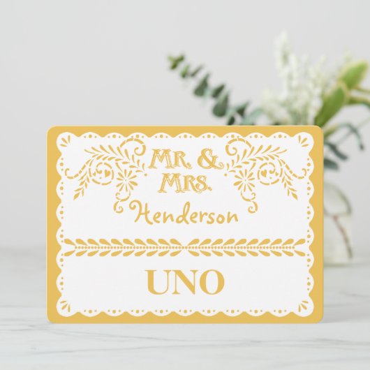 Papel Picado Table Number Gold Fiesta Weddenschap Kaart (Staand voorkant)