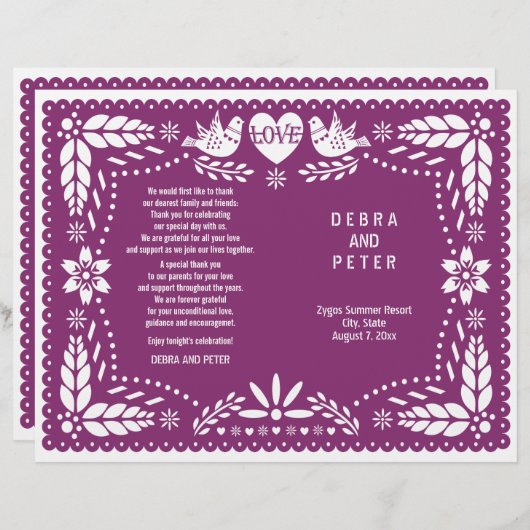 Papel Picado violet mariage fiesta programme plié (Devant / Derrière)