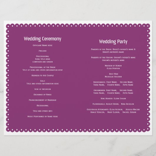 Papel Picado violet mariage fiesta programme plié (Dos)